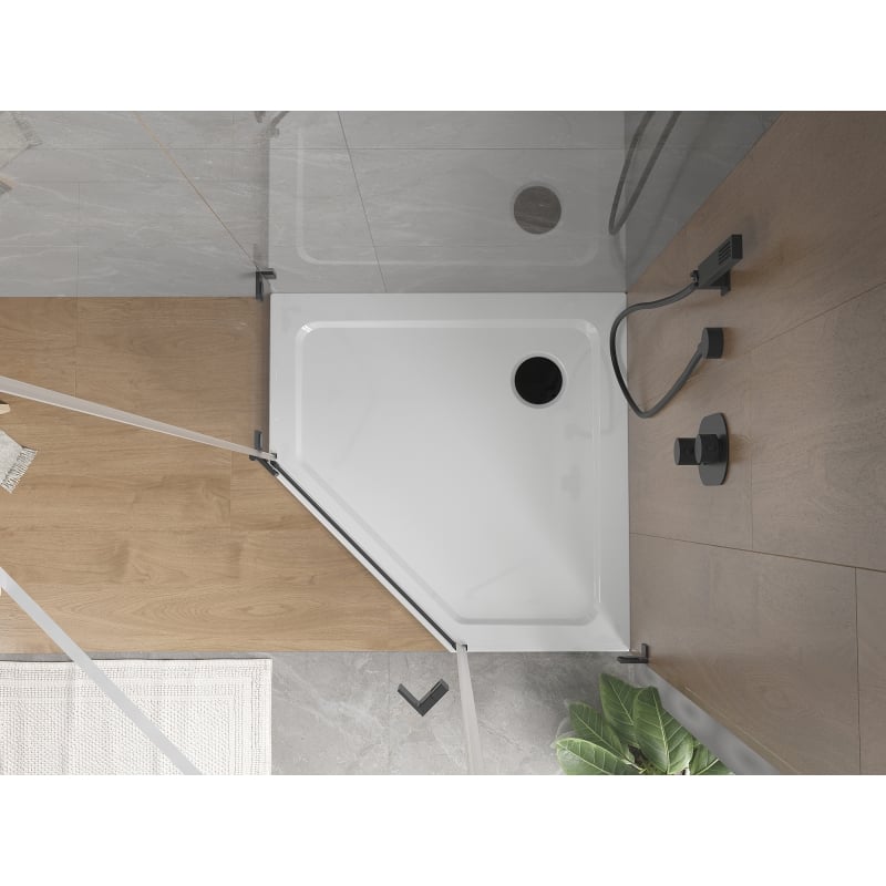 Mexen Flat brodzik pentagonal subțire 100 x 100 cm, alb, sifon negru - 41P101010-B