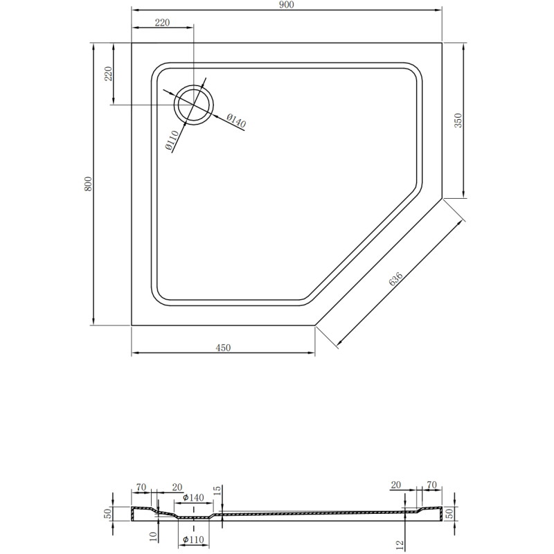 Mexen Flat brodzik pentagonal subțire stânga 90 x 80 cm, negru, sifon negru - 41P708090L-B