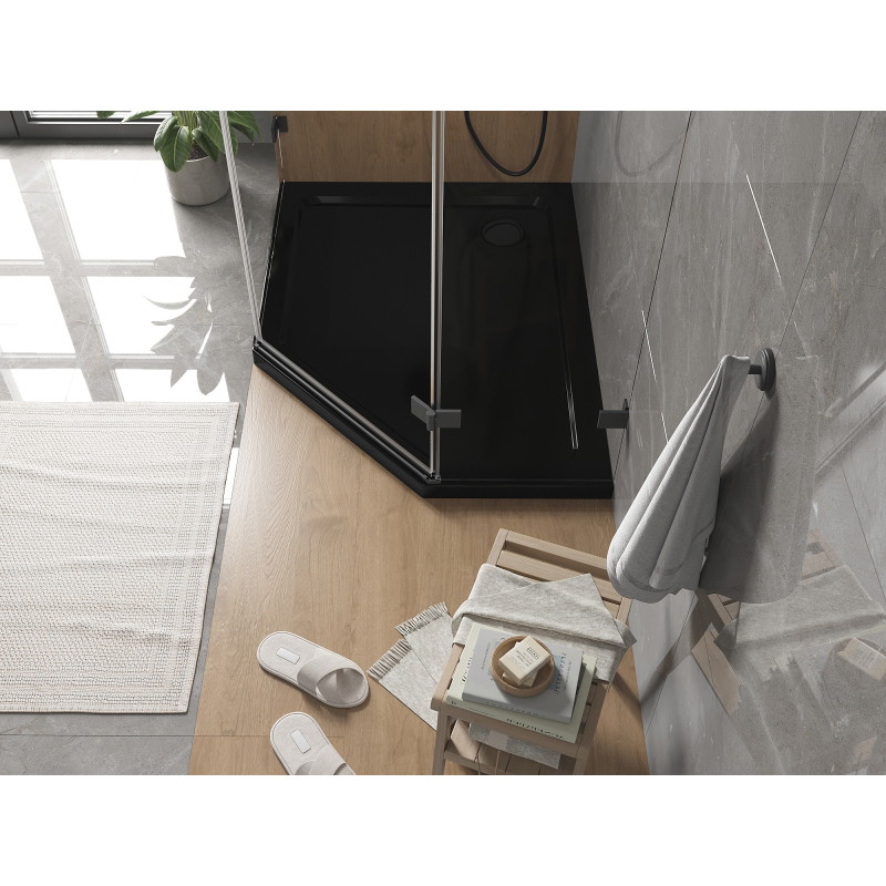 Mexen Flat brodzik pentagonal subțire stânga 90 x 80 cm, negru, sifon negru - 41P708090L-B
