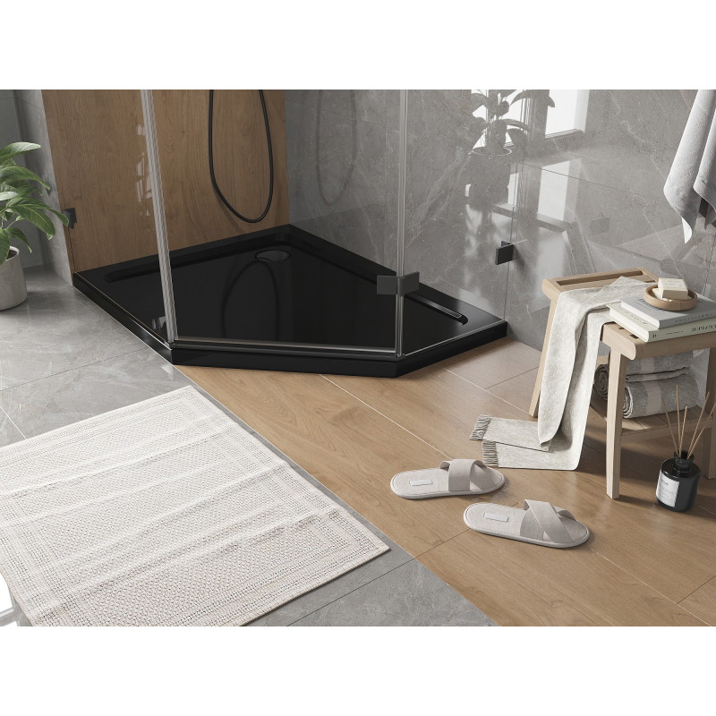 Mexen Flat brodzik pentagonal subțire stânga 90 x 80 cm, negru, sifon negru - 41P708090L-B