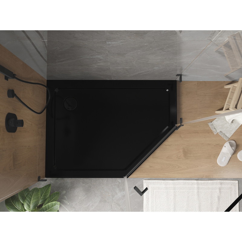 Mexen Flat brodzik pentagonal subțire stânga 90 x 80 cm, negru, sifon negru - 41P708090L-B