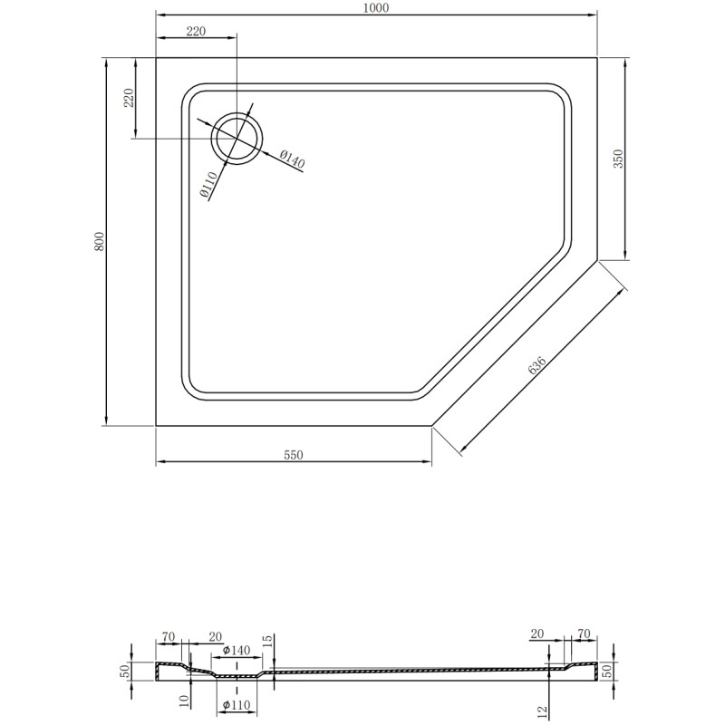 Mexen Flat ötoldalú slim bal 100 x 80 cm, fekete, fekete szifon - 41P708010L-B