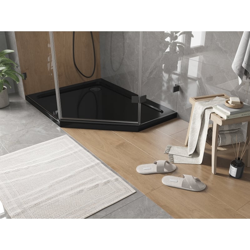 Mexen Flat brodzik pentagonal slim stânga 100 x 80 cm, negru, sifon negru - 41P708010L-B