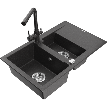 Mexen Gaspar chiuvetă din granit cu 1,5 compartimente cu uscător și baterie de bucătărie Duero, negru cu pete