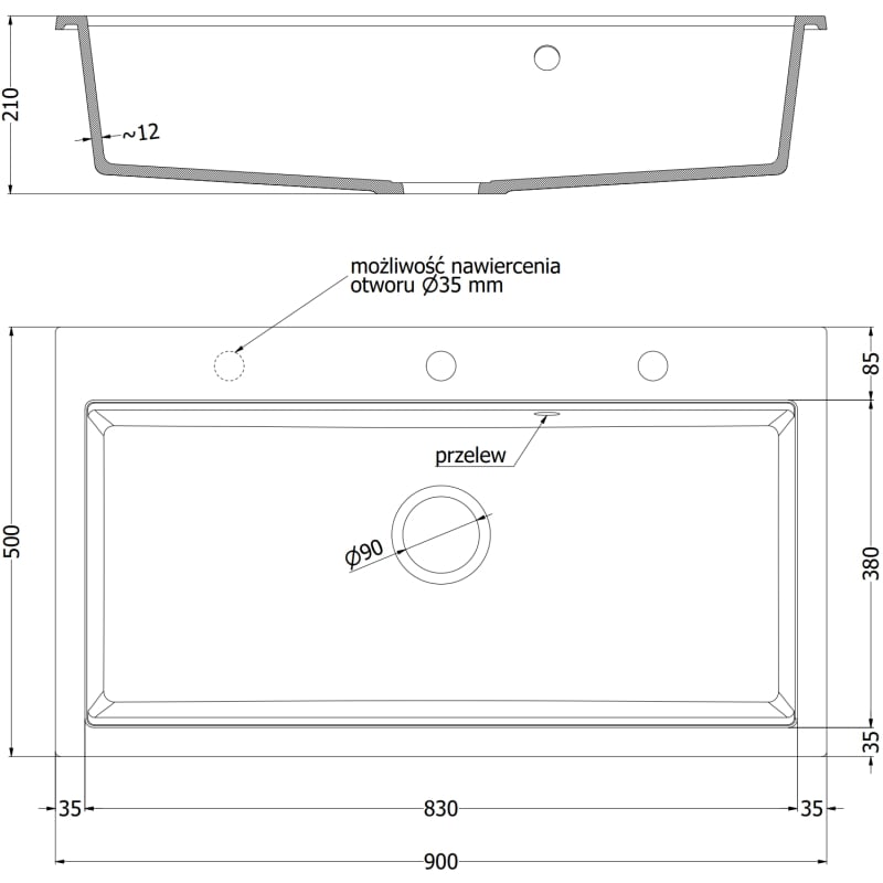 Mexen Slido gránit mosogató 1 rekeszes 900 x 500 mm, fehér, krómozott szifon - 6528901005-20