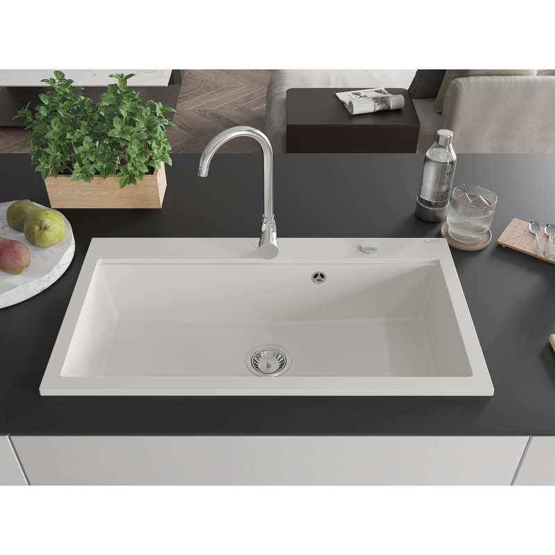 Mexen Slido 1 medencés gránit mosogató 900 x 500 mm, fehér, krómozott szifon - 6528901005-20