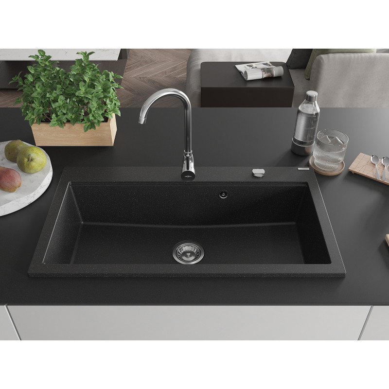Mexen Slido chiuvetă din granit cu 1 cuvă, 900 x 500 mm, negru/argintiu metalizat, sifon cromat - 6528901005-73