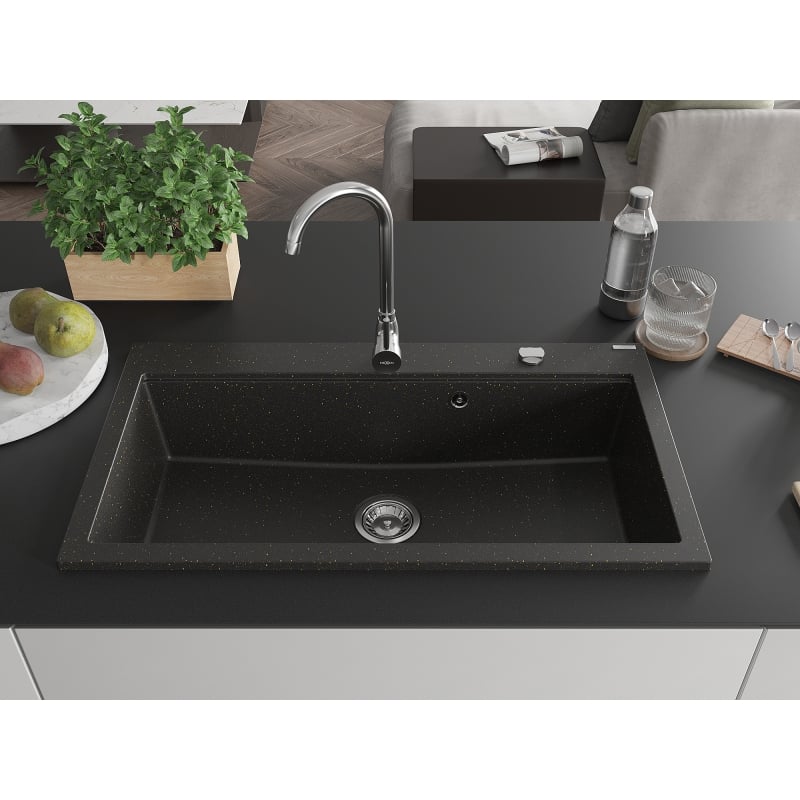 Mexen Slido 1-medencés gránit mosogató 900 x 500 mm, fekete/arany metál, krómozott szifon - 6528901005-75
