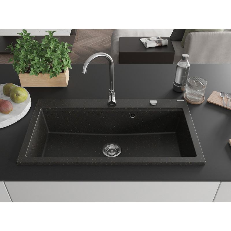Mexen Slido chiuvetă din granit cu 1 cuvă, 900 x 500 mm, negru/auriu metalizat, sifon cromat - 6528901005-75