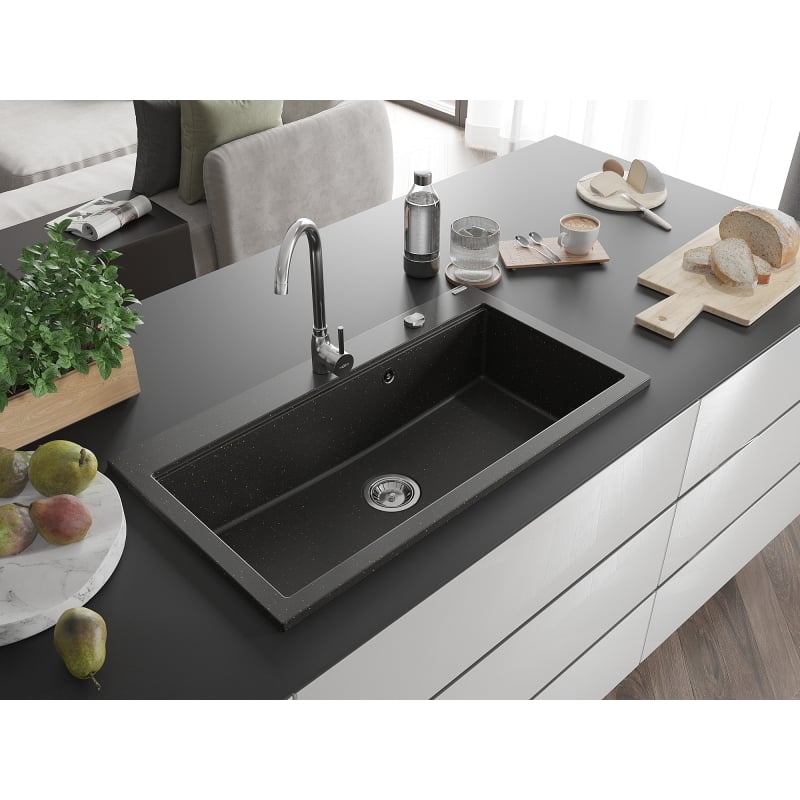Mexen Slido 1-medencés gránit mosogató 900 x 500 mm, fekete/arany metál, krómozott szifon - 6528901005-75