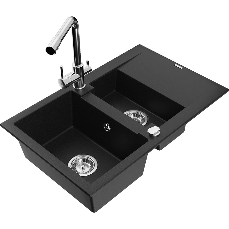 Mexen Gaspar chiuvetă din granit cu 1,5 compartimente cu scurgător și baterie de bucătărie Duero, negru - 6507-77-671600-00