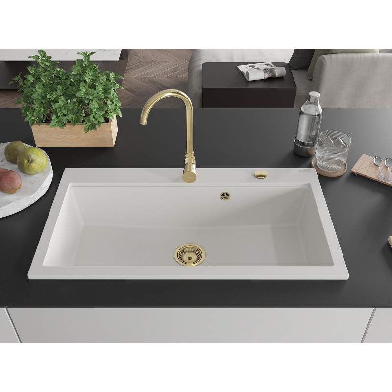 Mexen Slido 1 medencés gránit mosogató 900 x 500 mm, fehér, arany szifonnal - 6528901005-20-G