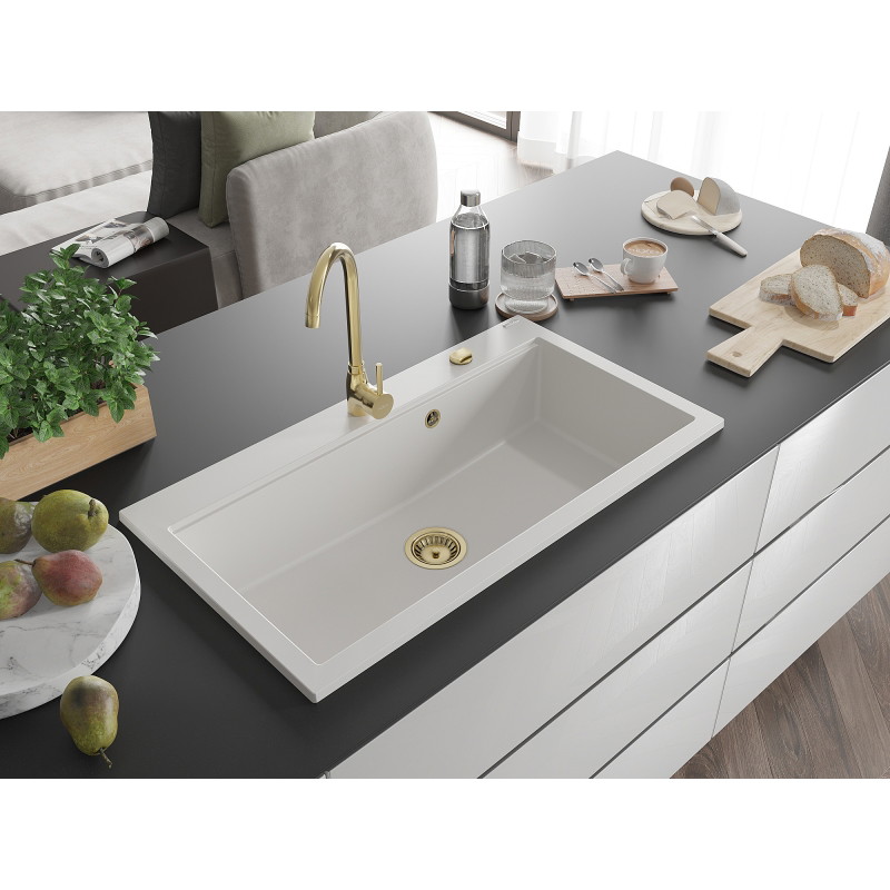 Mexen Slido chiuvetă de granit cu 1 cuvă, 900 x 500 mm, albă, sifon auriu - 6528901005-20-G