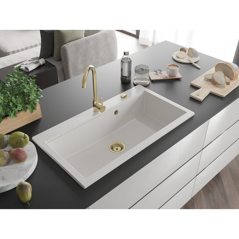 Mexen Slido gránit egytálcás mosogató, 900 x 500 mm, fehér, arany szifon - 6528901005-20-G