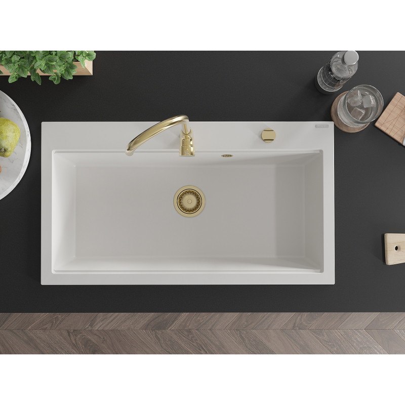 Mexen Slido chiuvetă de granit cu 1 cuvă, 900 x 500 mm, albă, sifon auriu - 6528901005-20-G