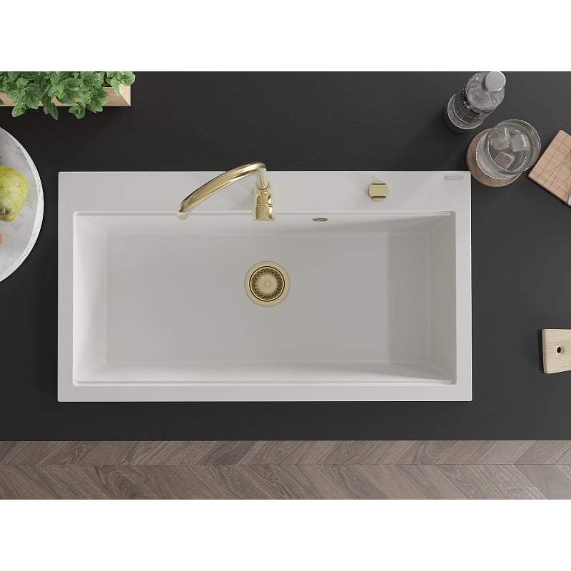 Mexen Slido gránit egytálcás mosogató, 900 x 500 mm, fehér, arany szifon - 6528901005-20-G