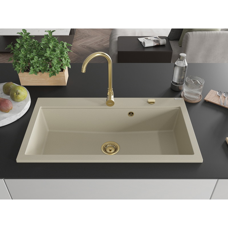 Mexen Slido chiuvetă din granit cu 1 cuvă, 900 x 500 mm, bej, sifon auriu - 6528901005-69-G
