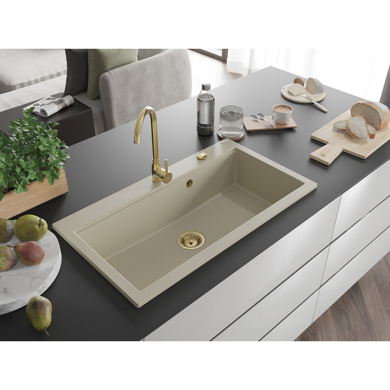 Mexen Slido chiuvetă din granit cu 1 cuvă, 900 x 500 mm, bej, sifon auriu - 6528901005-69-G