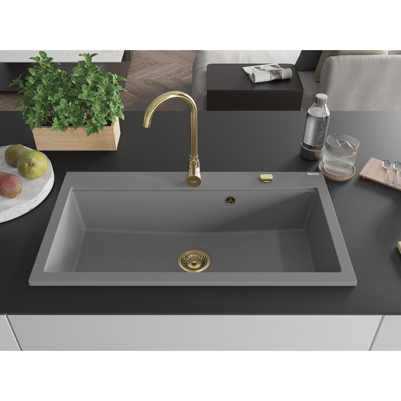 Mexen Slido egymedencés gránit mosogató 900 x 500 mm, szürke, arany szifonnal - 6528901005-71-G