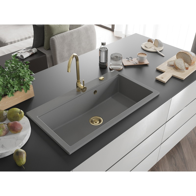 Mexen Slido chiuvetă din granit cu 1 cuvă, 900 x 500 mm, gri, sifon auriu - 6528901005-71-G