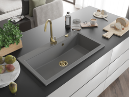 Mexen Slido chiuvetă din granit cu 1 cuvă, 900 x 500 mm, gri, sifon auriu - 6528901005-71-G