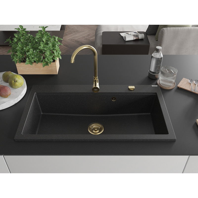 Mexen Slido chiuvetă din granit cu 1 cuvă, 900 x 500 mm, negru/argintiu metalizat, sifon auriu - 6528901005-73-G