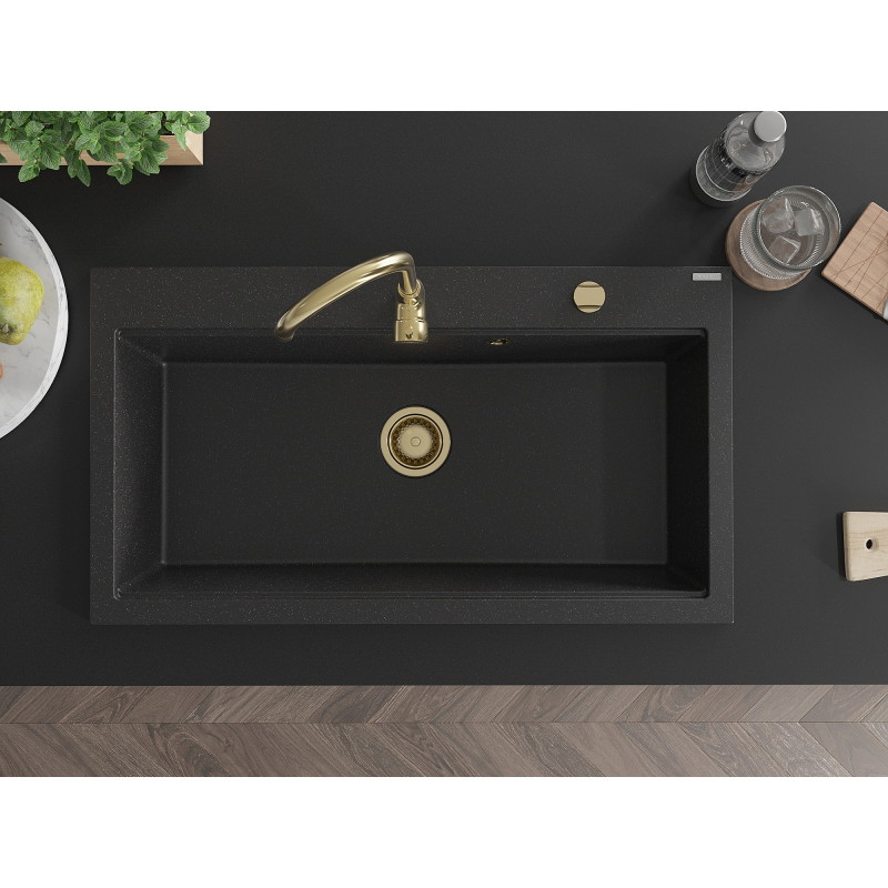 Mexen Slido chiuvetă din granit cu 1 cuvă, 900 x 500 mm, negru/argintiu metalizat, sifon auriu - 6528901005-73-G
