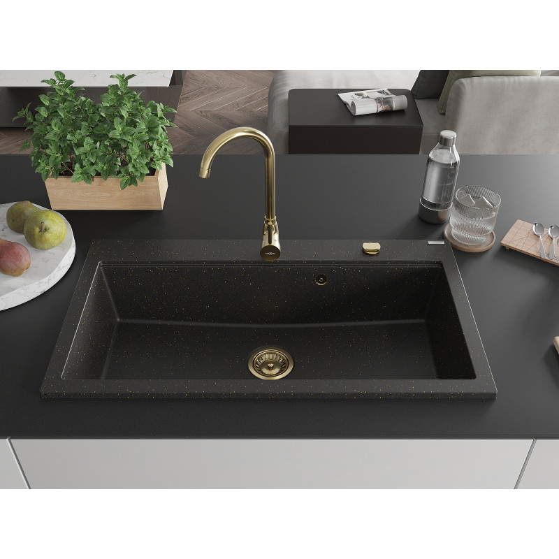 Mexen Slido chiuvetă din granit cu 1 cuvă, 900 x 500 mm, negru/auriu metalizat, sifon auriu - 6528901005-75-G
