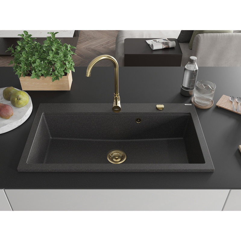 Mexen Slido 1 medencés gránit mosogató 900 x 500 mm, fekete pöttyös, arany szifonnal - 6528901005-76-G