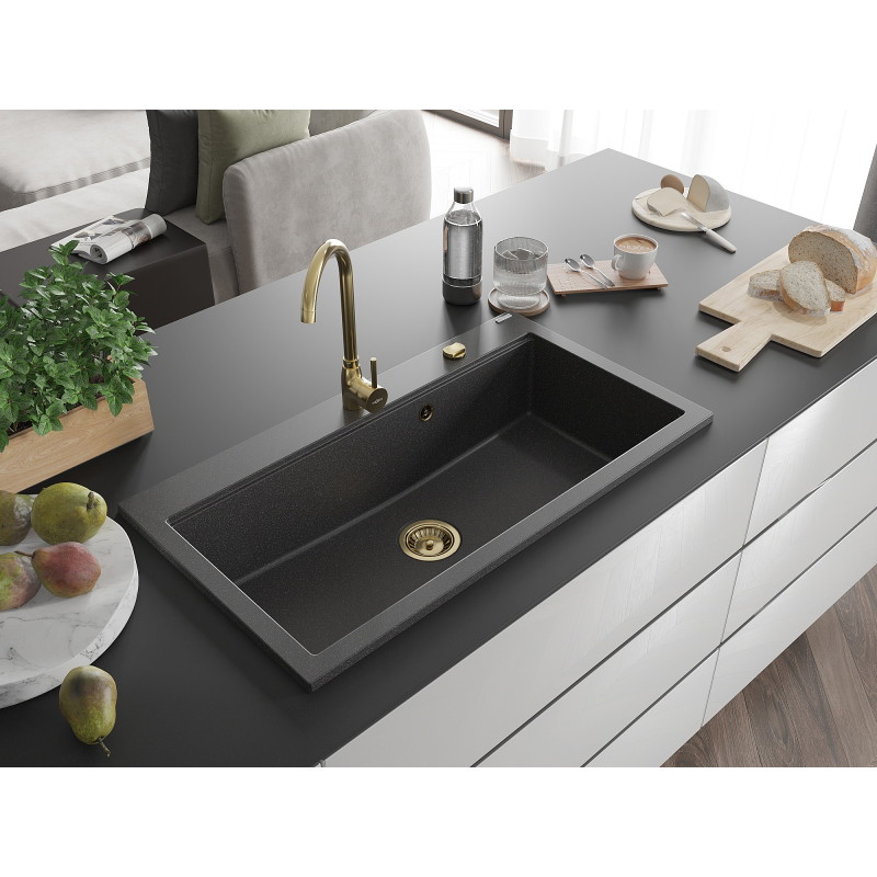 Mexen Slido chiuvetă din granit cu 1 cuvă, 900 x 500 mm, neagră cu granulații, sifon auriu - 6528901005-76-G