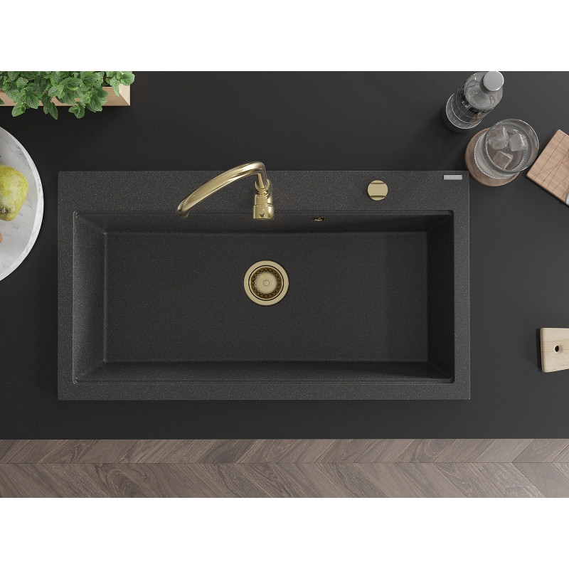 Mexen Slido 1 medencés gránit mosogató 900 x 500 mm, fekete pöttyös, arany szifonnal - 6528901005-76-G