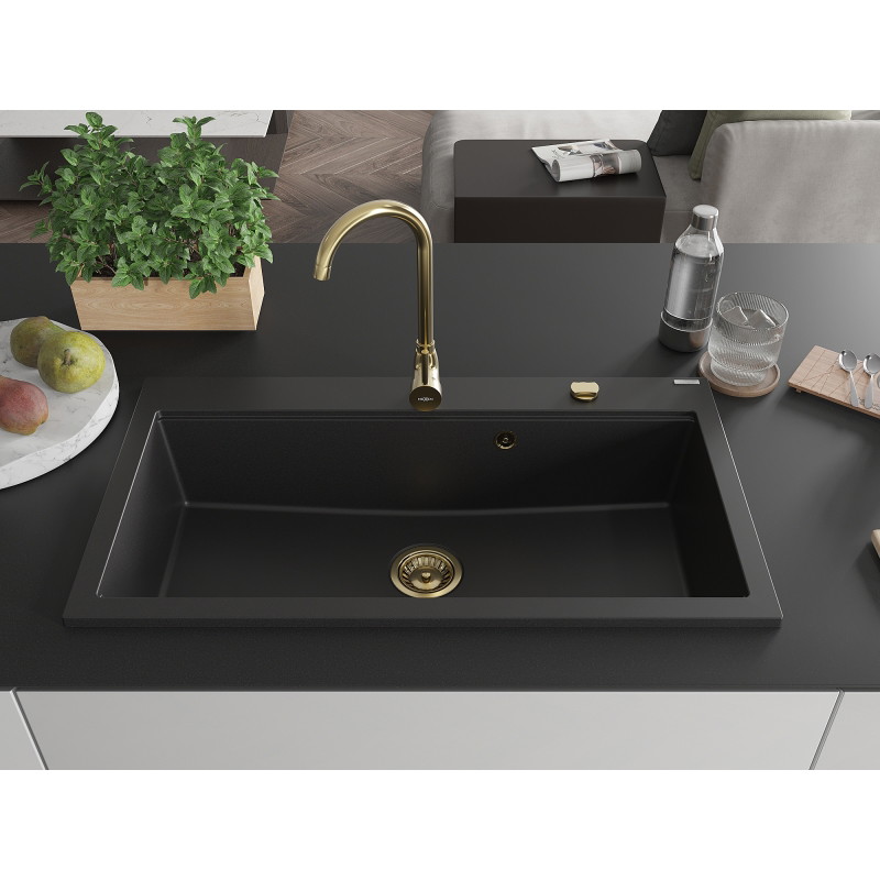 Mexen Slido chiuvetă din granit cu 1 cuvă, 900 x 500 mm, neagră, sifon auriu - 6528901005-77-G