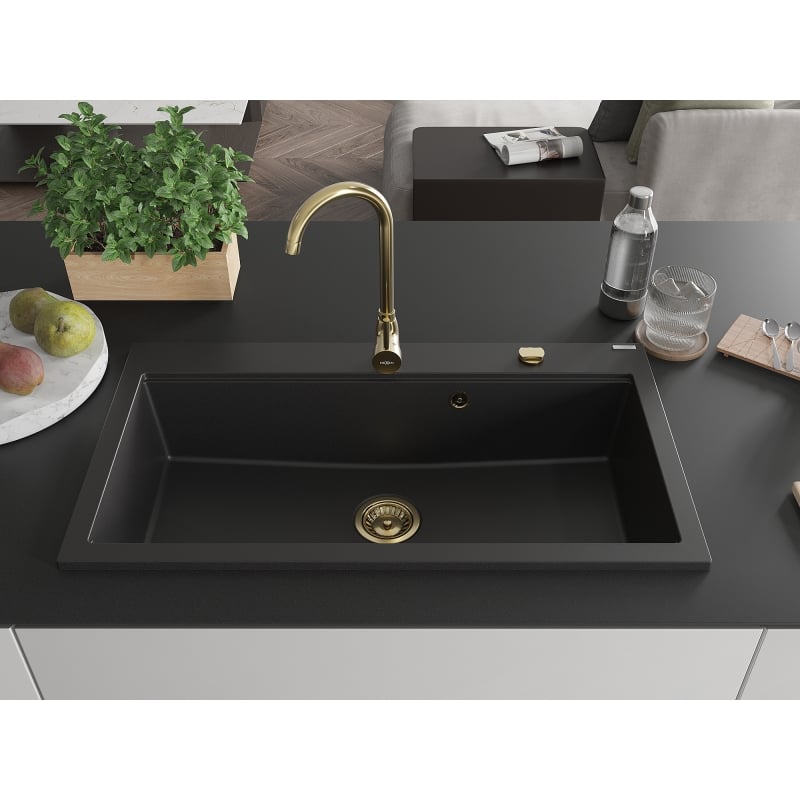 Mexen Slido gránit mosogató 1 rekeszes 900 x 500 mm, fekete, arany szifonnal - 6528901005-77-G