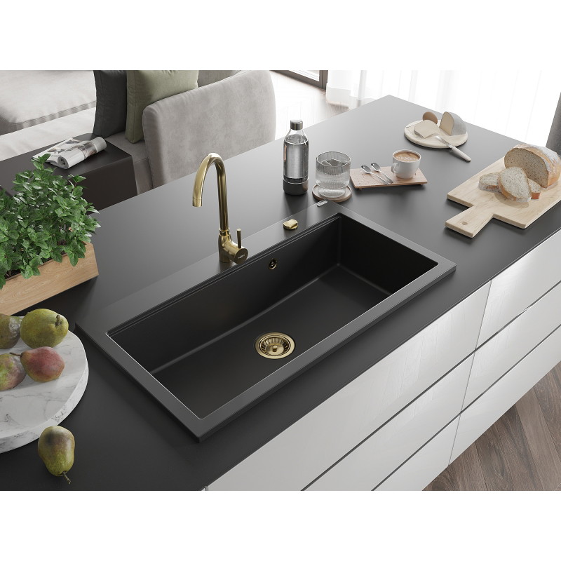 Mexen Slido chiuvetă din granit cu 1 cuvă, 900 x 500 mm, neagră, sifon auriu - 6528901005-77-G