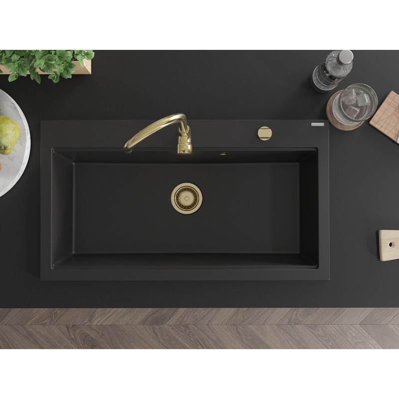 Mexen Slido chiuvetă din granit cu 1 cuvă, 900 x 500 mm, neagră, sifon auriu - 6528901005-77-G