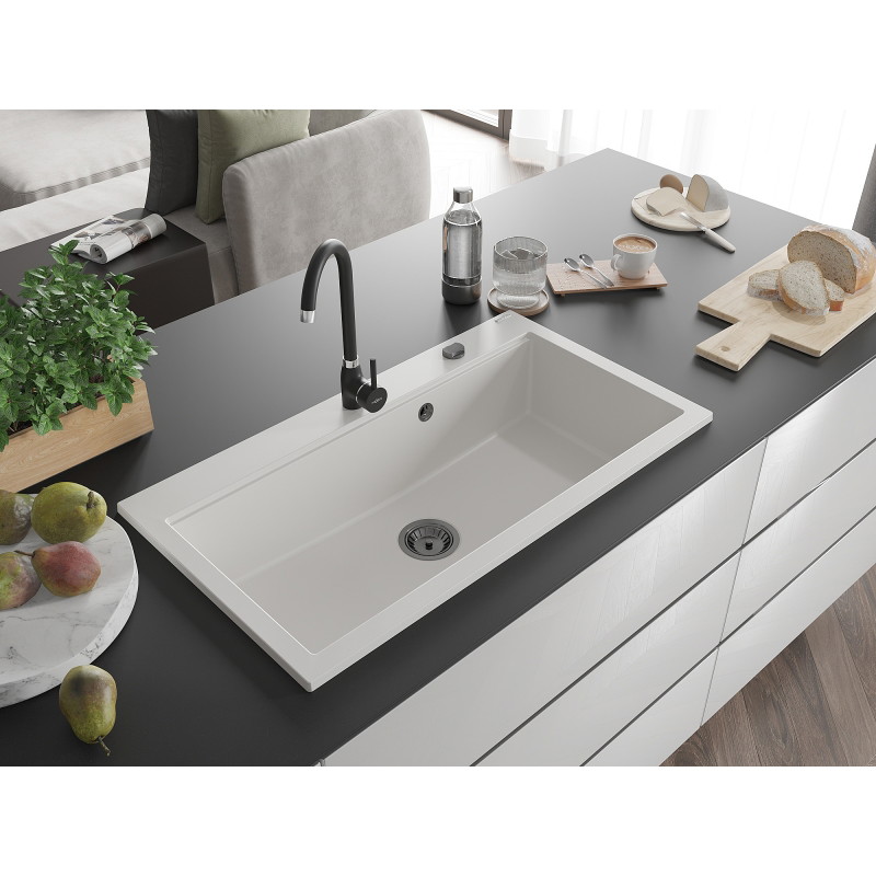 Mexen Slido chiuvetă din granit cu 1 cuvă 900 x 500 mm, albă, sifon negru - 6528901005-20-B