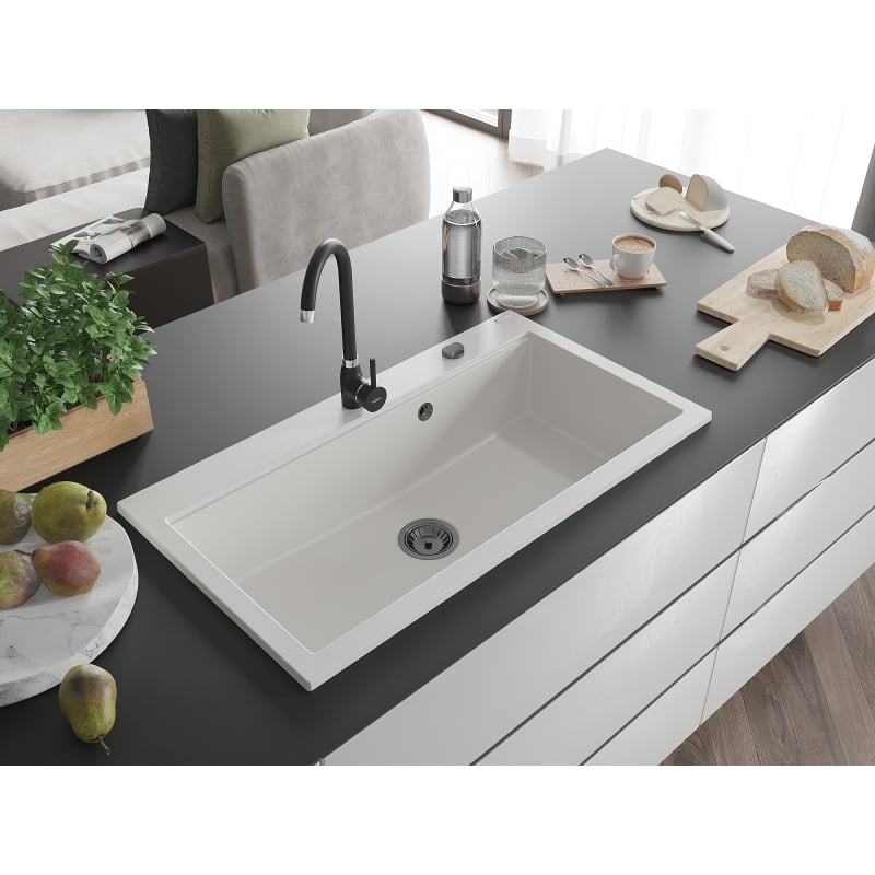 Mexen Slido egykamrás gránit mosogató 900 x 500 mm, fehér, fekete szifon - 6528901005-20-B
