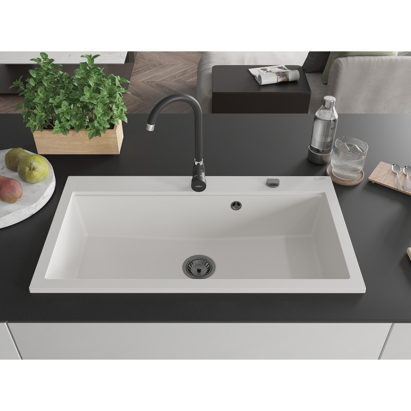 Mexen Slido chiuvetă din granit cu 1 cuvă 900 x 500 mm, albă, sifon negru - 6528901005-20-B