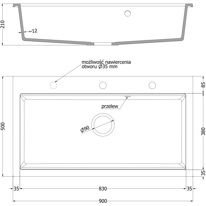 Mexen Slido chiuvetă de granit cu 1 cuvă 900 x 500 mm, bej, sifon negru - 6528901005-69-B