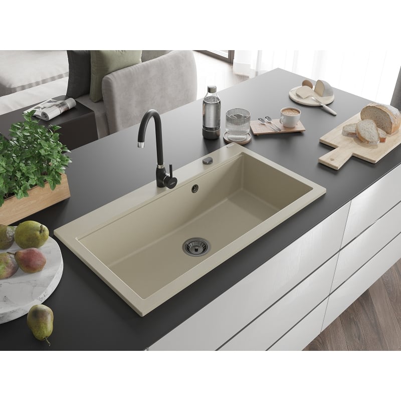 Mexen Slido gránit mosogató 1-medencés, 900 x 500 mm, bézs, fekete szifon - 6528901005-69-B