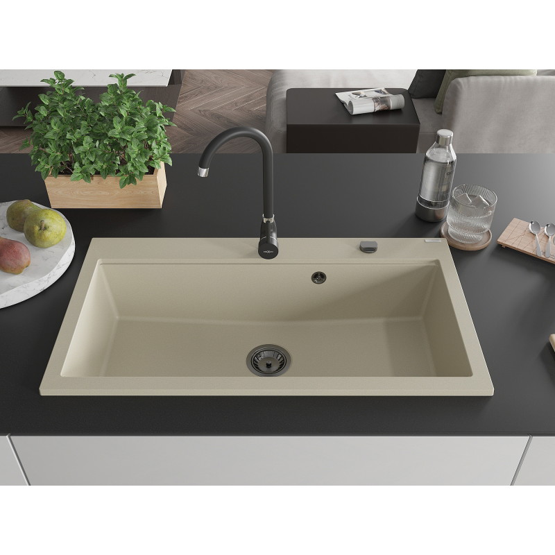 Mexen Slido 1 medencés gránit mosogató 900 x 500 mm, bézs, fekete szifonnal - 6528901005-69-B