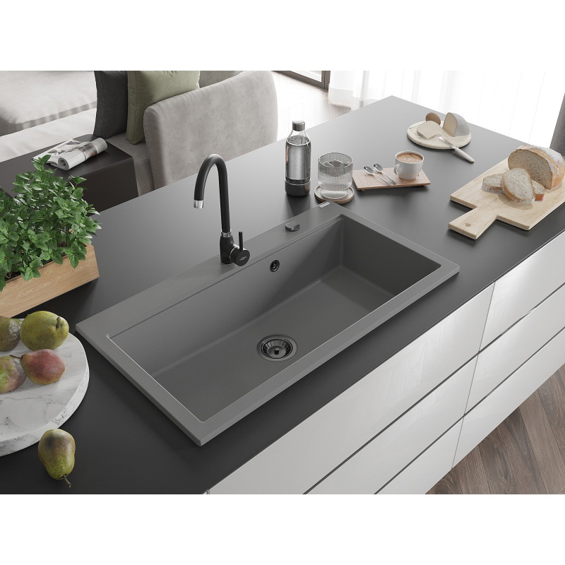 Mexen Slido 1 medencés gránit mosogató 900 x 500 mm, szürke, fekete szifonnal - 6528901005-71-B