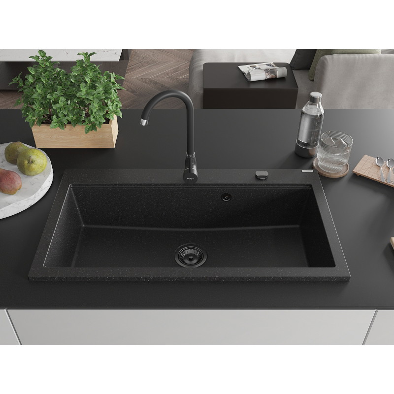 Mexen Slido 1 medencés gránit mosogató 900 x 500 mm, fekete/metál ezüst, fekete szifon - 6528901005-73-B