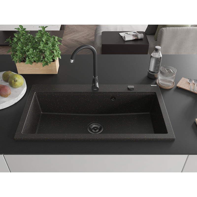 Mexen Slido 1 medencés gránit mosogató 900 x 500 mm, fekete/metál arany, fekete szifon - 6528901005-75-B