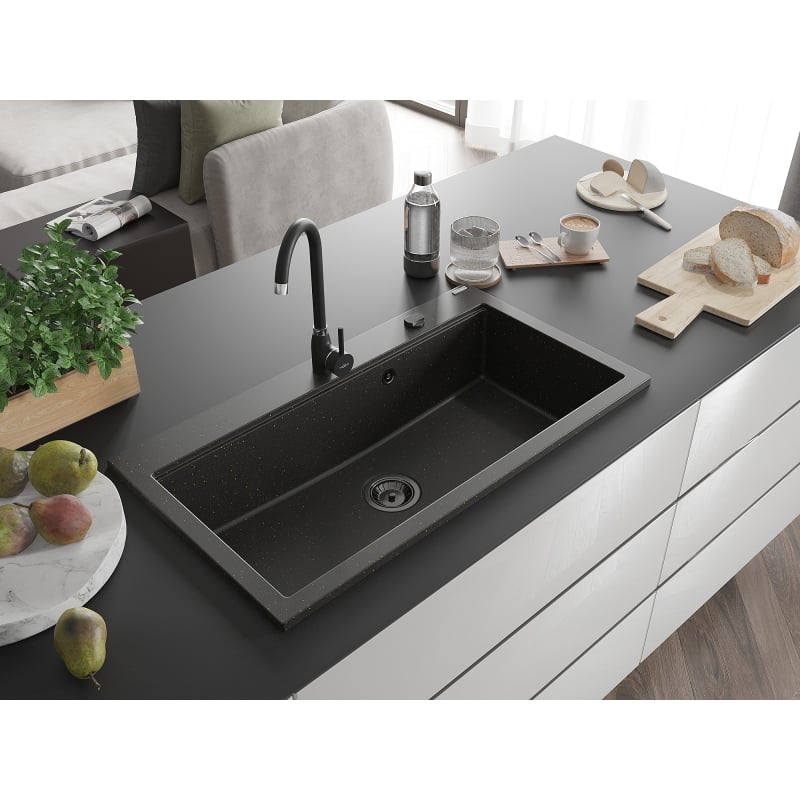 Mexen Slido gránit mosogató 1-medencés 900 x 500 mm, fekete/arany metál, fekete szifon - 6528901005-75-B