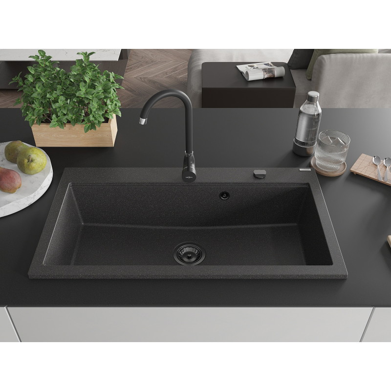 Mexen Slido chiuvetă din granit cu 1 cuvă, 900 x 500 mm, neagră pestrițată, sifon negru - 6528901005-76-B