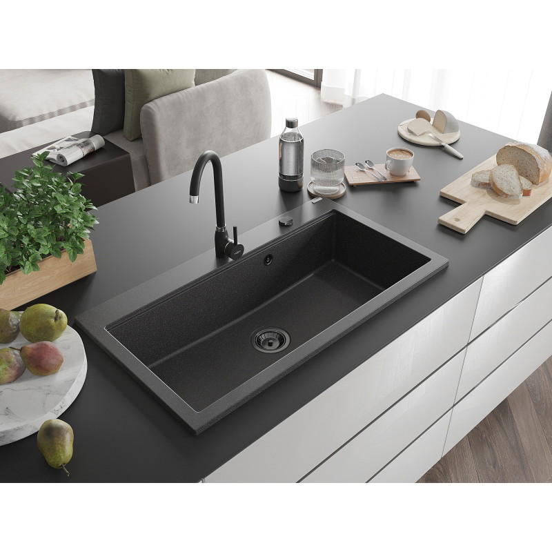 Mexen Slido 1 medencés gránit mosogató 900 x 500 mm, fekete pöttyös, fekete szifonnal - 6528901005-76-B