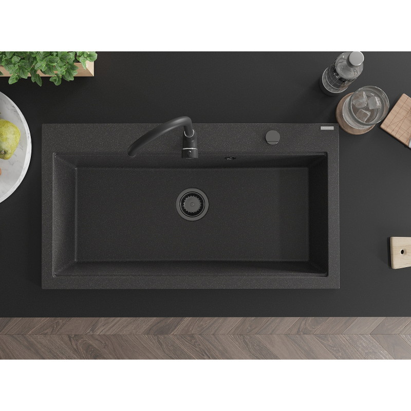 Mexen Slido chiuvetă din granit cu 1 cuvă, 900 x 500 mm, neagră pestrițată, sifon negru - 6528901005-76-B