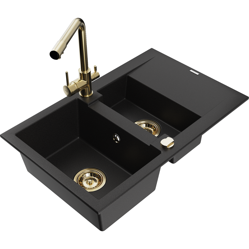 Mexen Gaspar chiuvetă din granit cu 1,5 compartimente, cu scurgător și baterie de bucătărie Duero, neagră