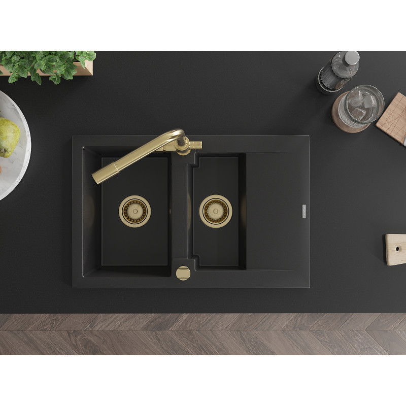 Mexen Gaspar gránit mosogató, 1,5 medencés csepegtetővel és Duero konyhai csapteleppel, fekete - 6507-77-671600-50
